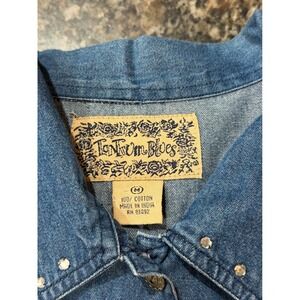 Tantrum Blues Womens Medium Denim Rhinestone Button Up Shirt Floral Blue Cotton